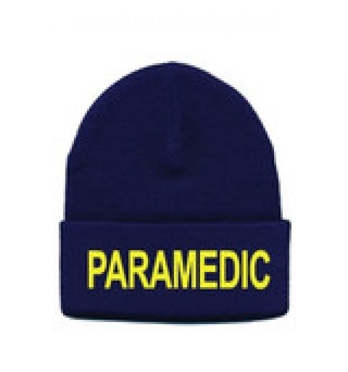 PARAMEDIC KNIT HAT - GOLD "PARAMEDIC" LETTERING ON ROYAL BLUE KNIT HAT.
